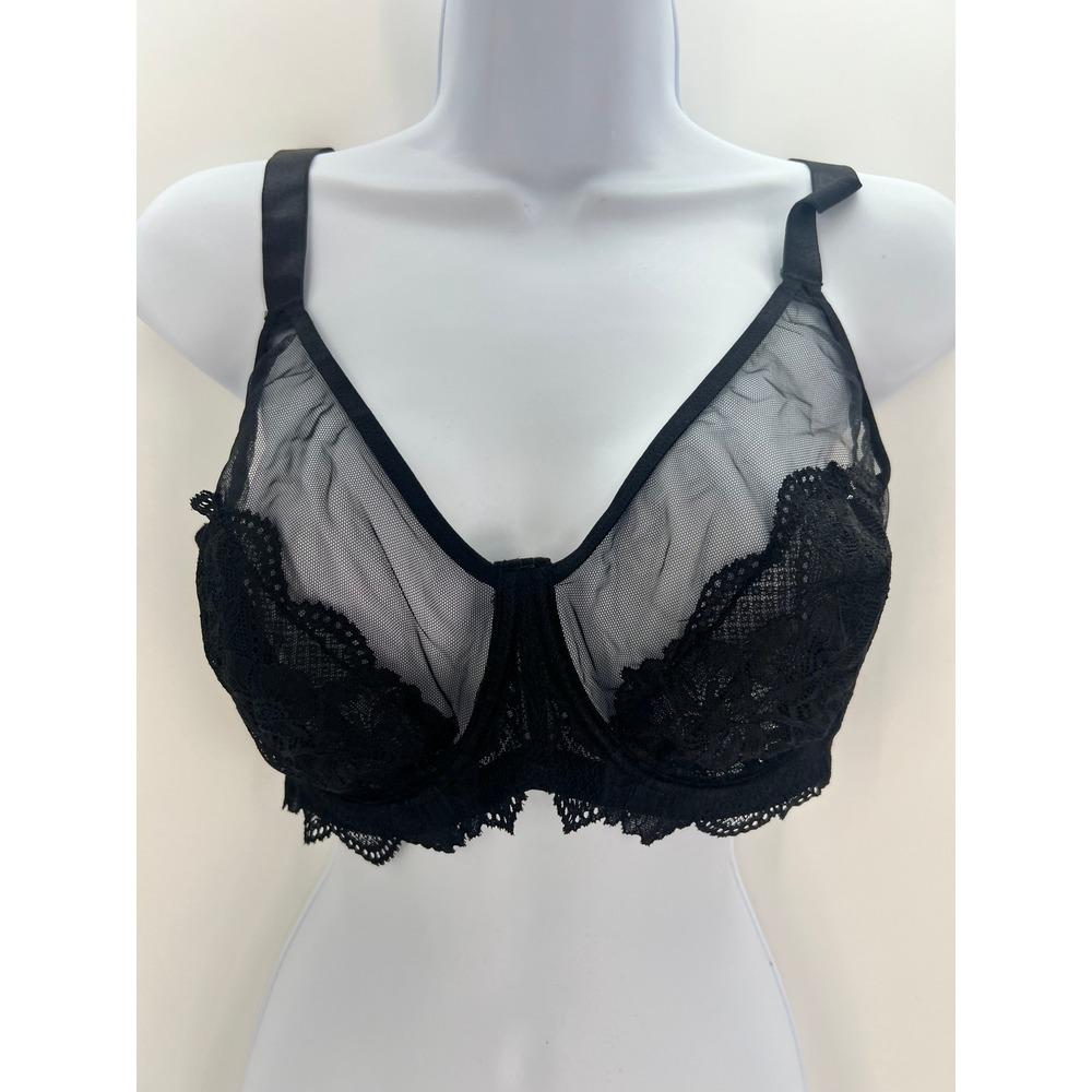 Shecurve Black Sheer Mesh Floral Lace Unlined Underwire Bra 34H Full Coverage
